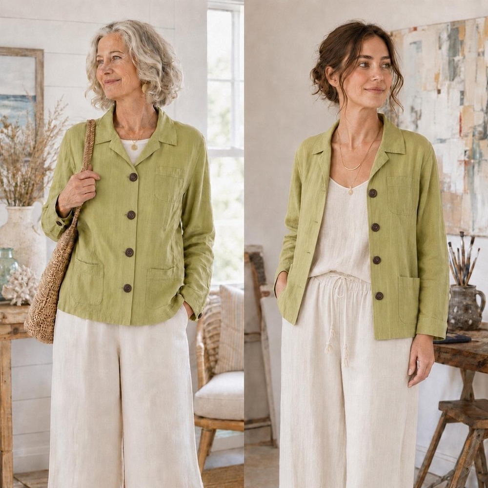 Sage Green Linen Look Lagenlook Jacket Women's Coastal Grandmother Artsy EST. L